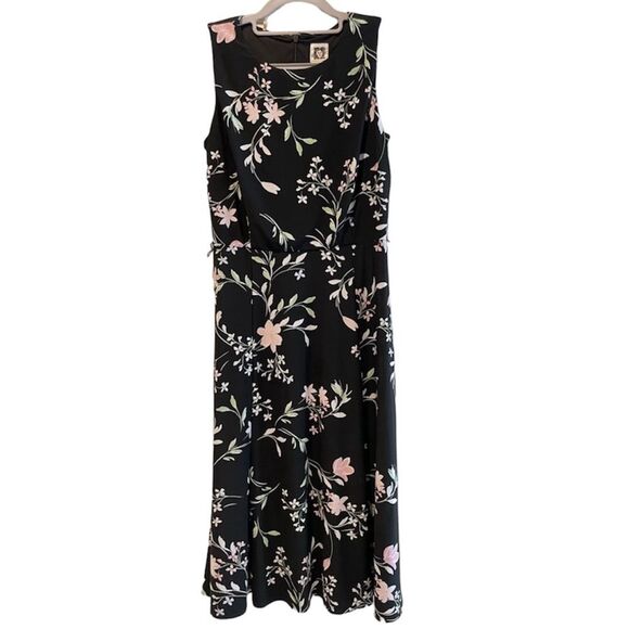 Anne Klein Sleeveless Floral Midi Dress Black w/Green & Pink Flowers Size 4 - Picture 1 of 8
